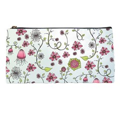 Pink Whimsical Flowers On Blue Pencil Case by Zandiepants