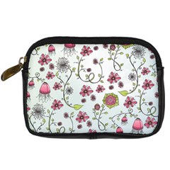 Pink Whimsical Flowers On Blue Digital Camera Leather Case by Zandiepants