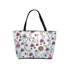 Pink Whimsical Flowers On Blue Large Shoulder Bag by Zandiepants