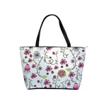 Pink whimsical flowers on blue Large Shoulder Bag Front