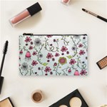 Pink whimsical flowers on blue Cosmetic Bag (Small) Front