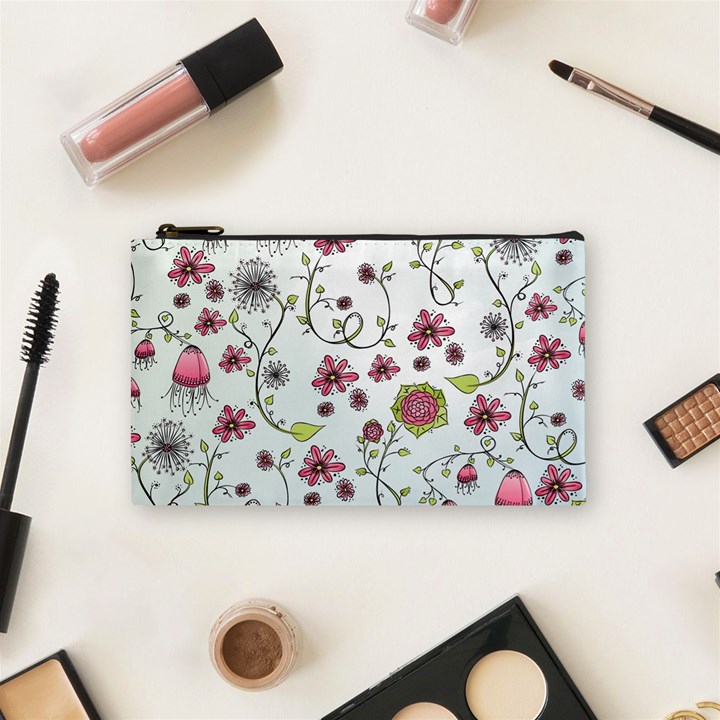 Pink whimsical flowers on blue Cosmetic Bag (Small)