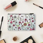 Pink whimsical flowers on blue Cosmetic Bag (Small) Back