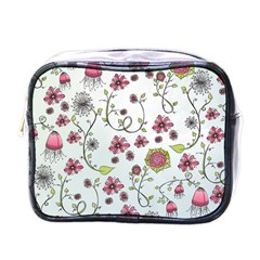 Pink Whimsical Flowers On Blue Mini Travel Toiletry Bag (one Side) by Zandiepants