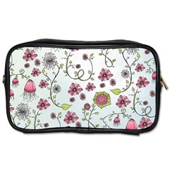 Pink Whimsical Flowers On Blue Travel Toiletry Bag (one Side) by Zandiepants