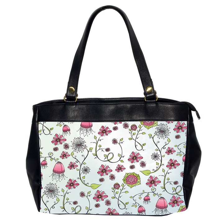 Pink whimsical flowers on blue Oversize Office Handbag (Two Sides)