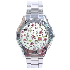 Pink Whimsical Flowers On Blue Stainless Steel Watch by Zandiepants