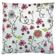 Pink Whimsical Flowers On Blue Large Cushion Case (two Sided) 