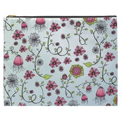 Pink Whimsical Flowers On Blue Cosmetic Bag (xxxl) by Zandiepants