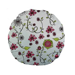 Pink Whimsical Flowers On Blue 15  Premium Round Cushion  by Zandiepants