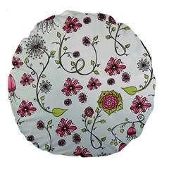 Pink Whimsical Flowers On Blue 18  Premium Round Cushion  by Zandiepants