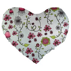 Pink Whimsical Flowers On Blue 19  Premium Heart Shape Cushion by Zandiepants