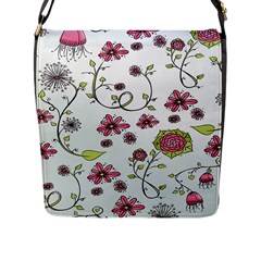 Pink Whimsical Flowers On Blue Flap Closure Messenger Bag (large) by Zandiepants