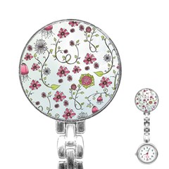 Pink Whimsical Flowers On Blue Stainless Steel Nurses Watch by Zandiepants