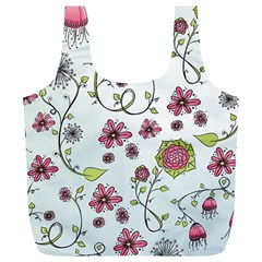 Pink Whimsical Flowers On Blue Reusable Bag (xl) by Zandiepants