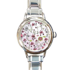 Pink Whimsical Flowers On Pink Round Italian Charm Watch by Zandiepants