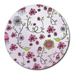 Pink Whimsical Flowers On Pink 8  Mouse Pad (round) by Zandiepants