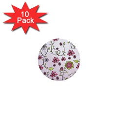 Pink Whimsical Flowers On Pink 1  Mini Button (10 Pack) by Zandiepants