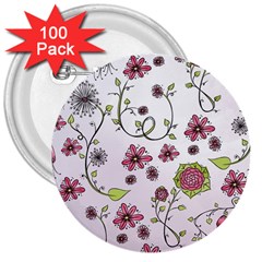 Pink Whimsical Flowers On Pink 3  Button (100 Pack) by Zandiepants