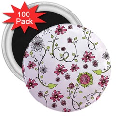 Pink Whimsical Flowers On Pink 3  Button Magnet (100 Pack) by Zandiepants