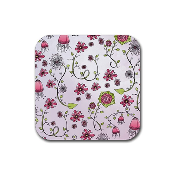 Pink whimsical flowers on pink Drink Coaster (Square)