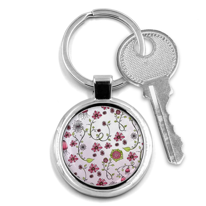 Pink whimsical flowers on pink Key Chain (Round)