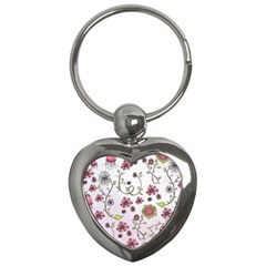 Pink Whimsical Flowers On Pink Key Chain (heart) by Zandiepants