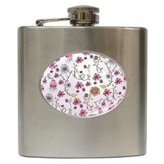 Pink Whimsical Flowers On Pink Hip Flask by Zandiepants