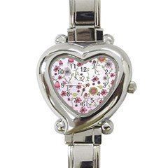 Pink Whimsical Flowers On Pink Heart Italian Charm Watch  by Zandiepants