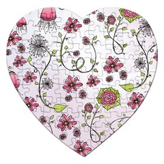 Pink Whimsical Flowers On Pink Jigsaw Puzzle (heart) by Zandiepants