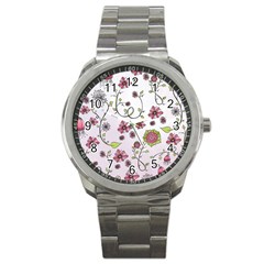 Pink Whimsical Flowers On Pink Sport Metal Watch by Zandiepants