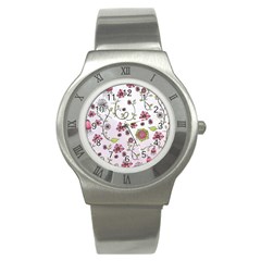 Pink Whimsical Flowers On Pink Stainless Steel Watch (slim) by Zandiepants