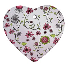 Pink Whimsical Flowers On Pink Heart Ornament (two Sides) by Zandiepants