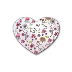 Pink Whimsical Flowers On Pink Drink Coasters (heart) by Zandiepants