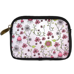 Pink Whimsical Flowers On Pink Digital Camera Leather Case by Zandiepants