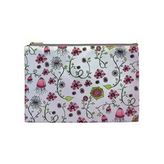 Pink Whimsical Flowers On Pink Cosmetic Bag (medium) by Zandiepants