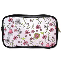 Pink Whimsical Flowers On Pink Travel Toiletry Bag (one Side) by Zandiepants