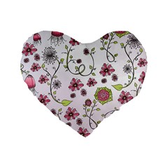 Pink Whimsical Flowers On Pink 16  Premium Heart Shape Cushion  by Zandiepants