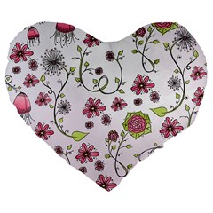 Pink Whimsical Flowers On Pink 19  Premium Heart Shape Cushion by Zandiepants