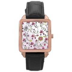 Pink Whimsical Flowers On Pink Rose Gold Leather Watch  by Zandiepants