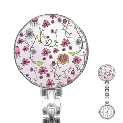 Pink Whimsical Flowers On Pink Stainless Steel Nurses Watch by Zandiepants