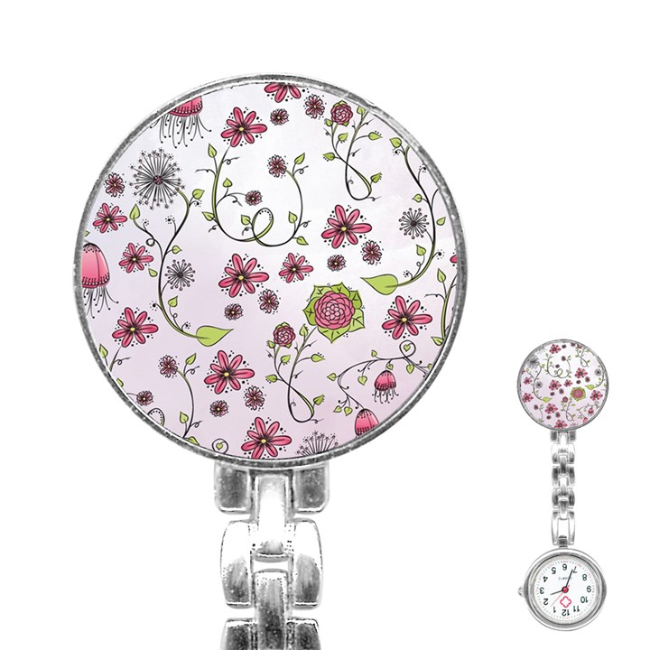 Pink whimsical flowers on pink Stainless Steel Nurses Watch