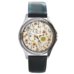 Yellow Whimsical Flowers  Round Leather Watch (silver Rim) by Zandiepants