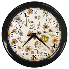 Yellow Whimsical Flowers  Wall Clock (black) by Zandiepants