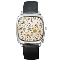 Yellow Whimsical Flowers  Square Leather Watch by Zandiepants