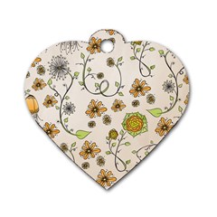 Yellow Whimsical Flowers  Dog Tag Heart (two Sided) by Zandiepants