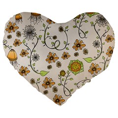 Yellow Whimsical Flowers  19  Premium Heart Shape Cushion by Zandiepants