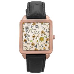 Yellow Whimsical Flowers  Rose Gold Leather Watch  by Zandiepants