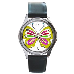 Color Butterfly  Round Leather Watch (silver Rim) by Colorfulart23