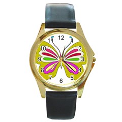 Color Butterfly  Round Leather Watch (gold Rim)  by Colorfulart23